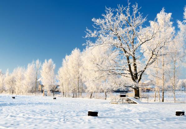 穿着白色连衣裙和钢琴的女孩在“雪地摩托轮”上静静地走着