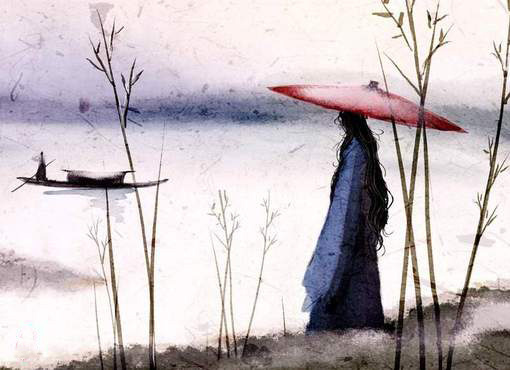 20.晚上,淡淡的悲伤,忧郁的歌声离别。残留的花朵随着微风拂过而落下,哀悼了整个庭院。